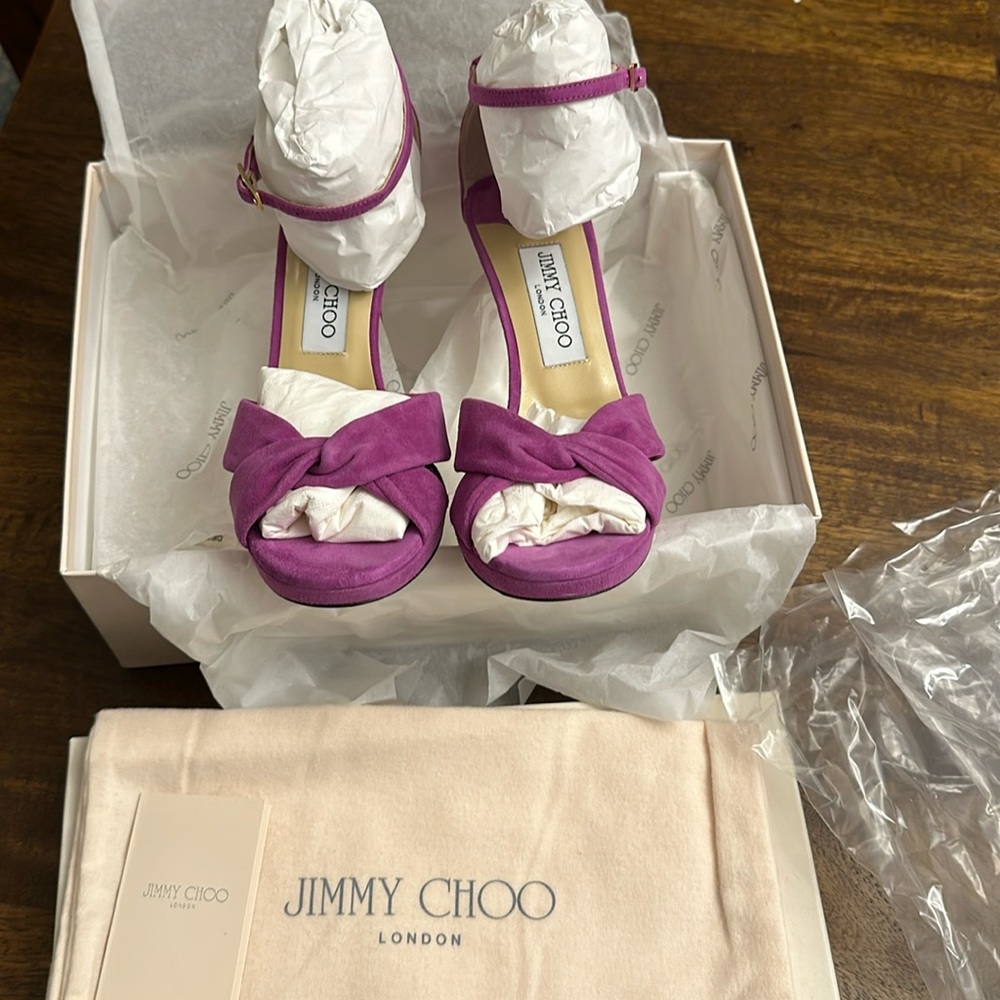 Jimmy Choo Marion sandal heels. Suede orchid upper